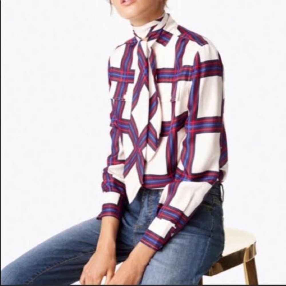Tory Burch White and Blue Plaid Blouse